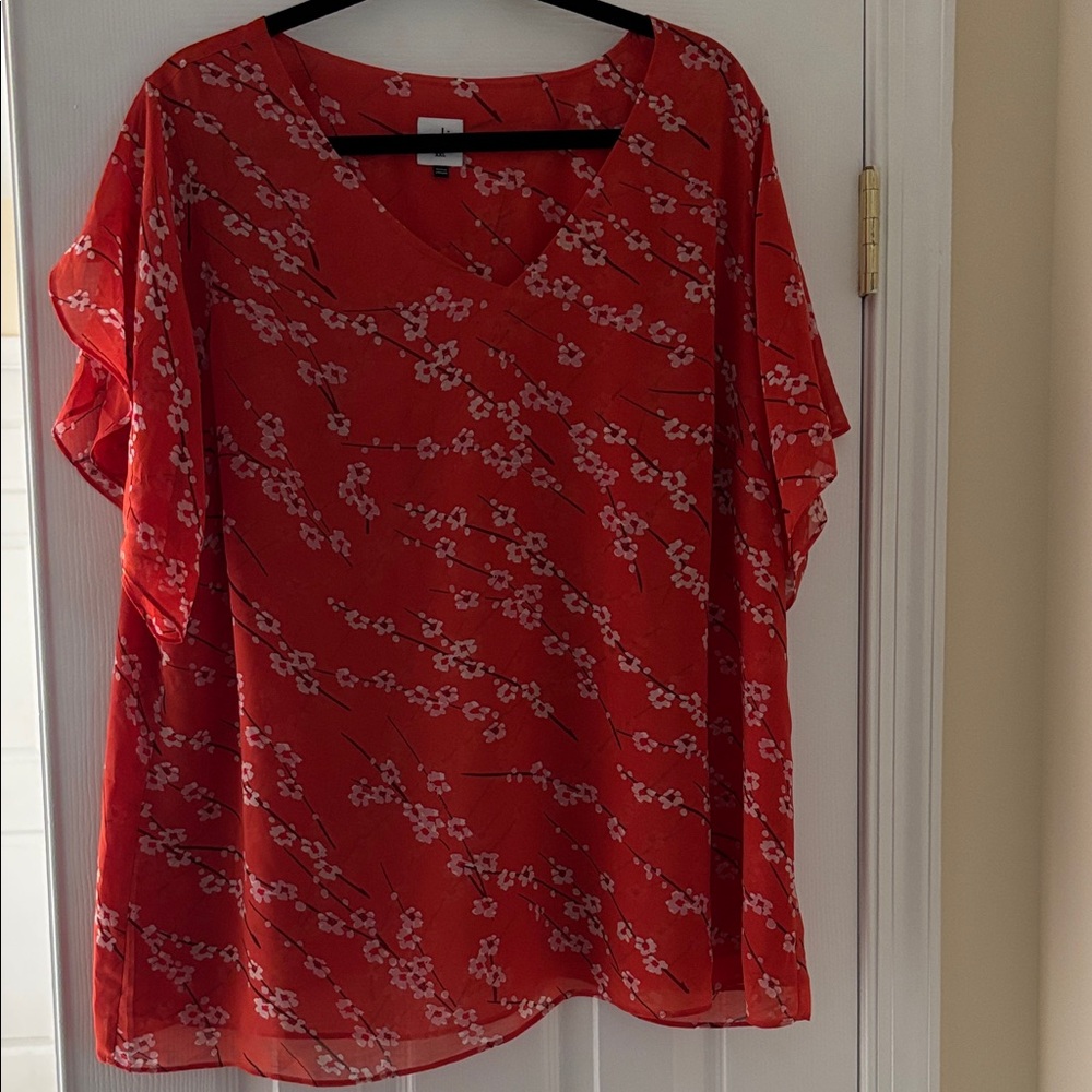 CAbi Red Floral V-Neck Flutter Sleeve Blouse